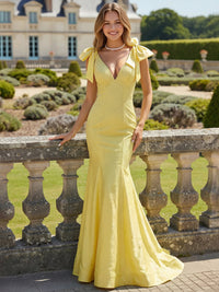 Trumpet/Mermaid Satin V-Neck Short Sleeves Floor-length Long Hot-Fix Rhinestone Sparkle Prom Dresses with Shoulder Bows