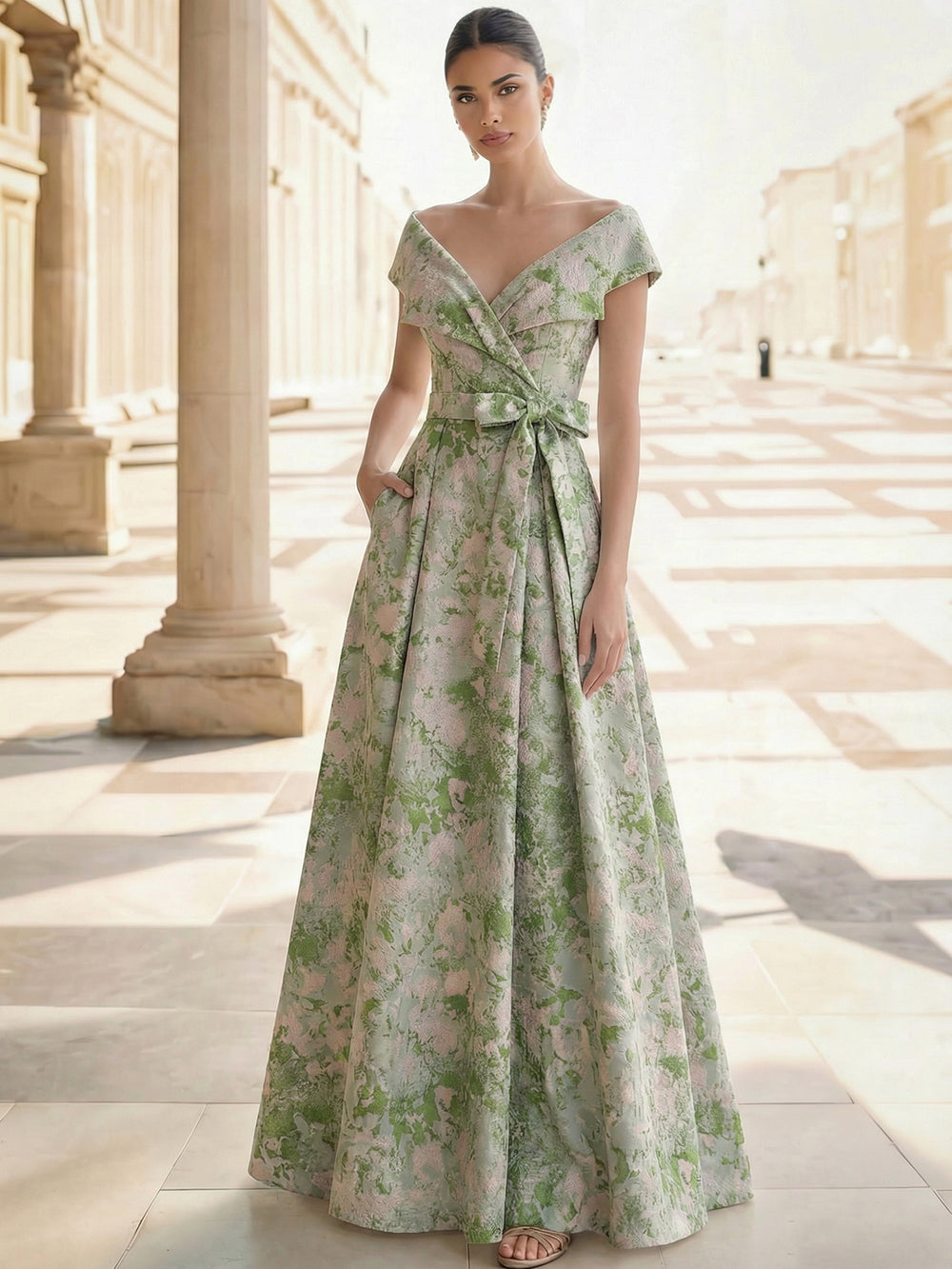 A-Line Evening Dress Elegant Jacquard Floral Dress Floor Length Sleeveless Off The Shoulder  Dress