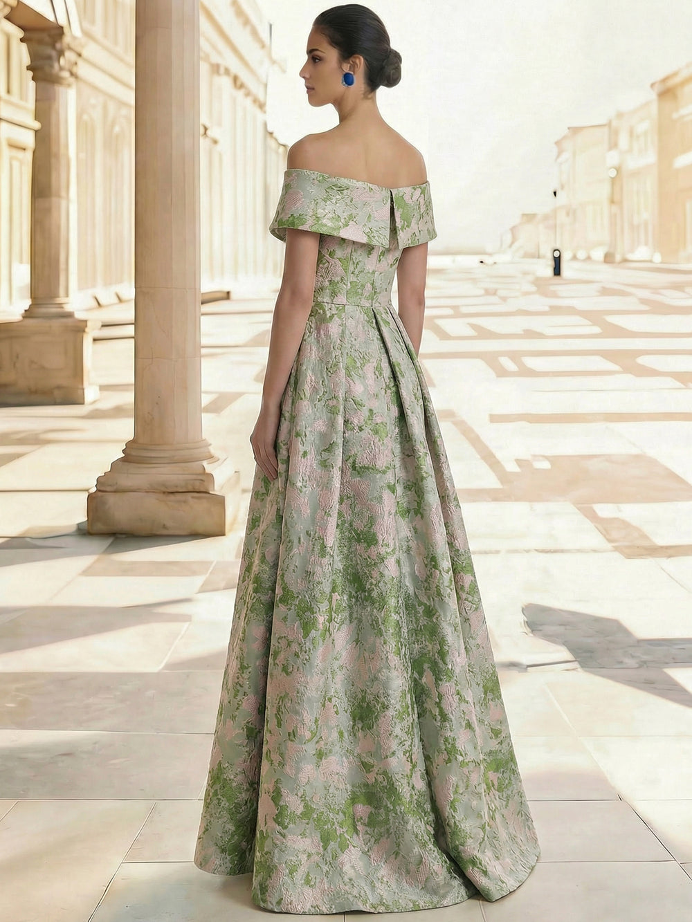 A-Line Evening Dress Elegant Jacquard Floral Dress Floor Length Sleeveless Off The Shoulder  Dress