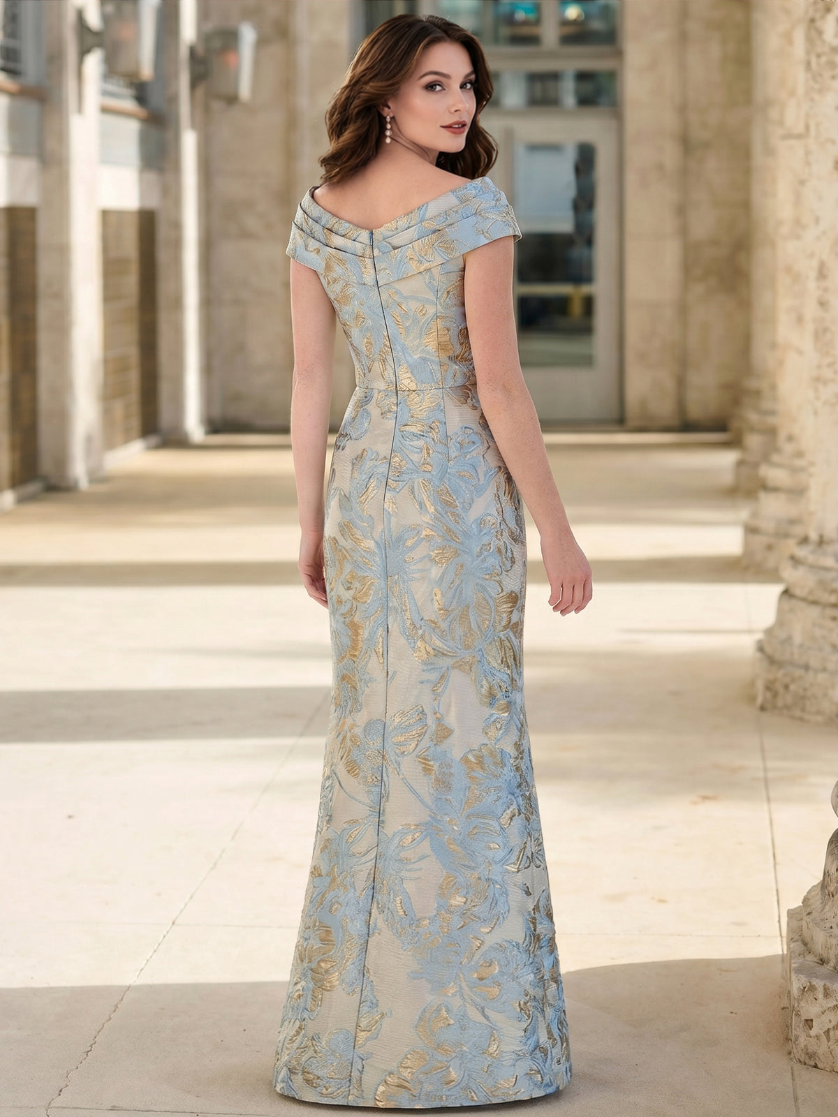Sheath/Column Evening Gown Elegant Floral Jacquard Satin Off the Shoulder Floor-Length Formal Dress With Bow