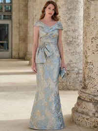 Sheath/Column Evening Gown Elegant Floral Jacquard Satin Off the Shoulder Floor-Length Formal Dress With Bow