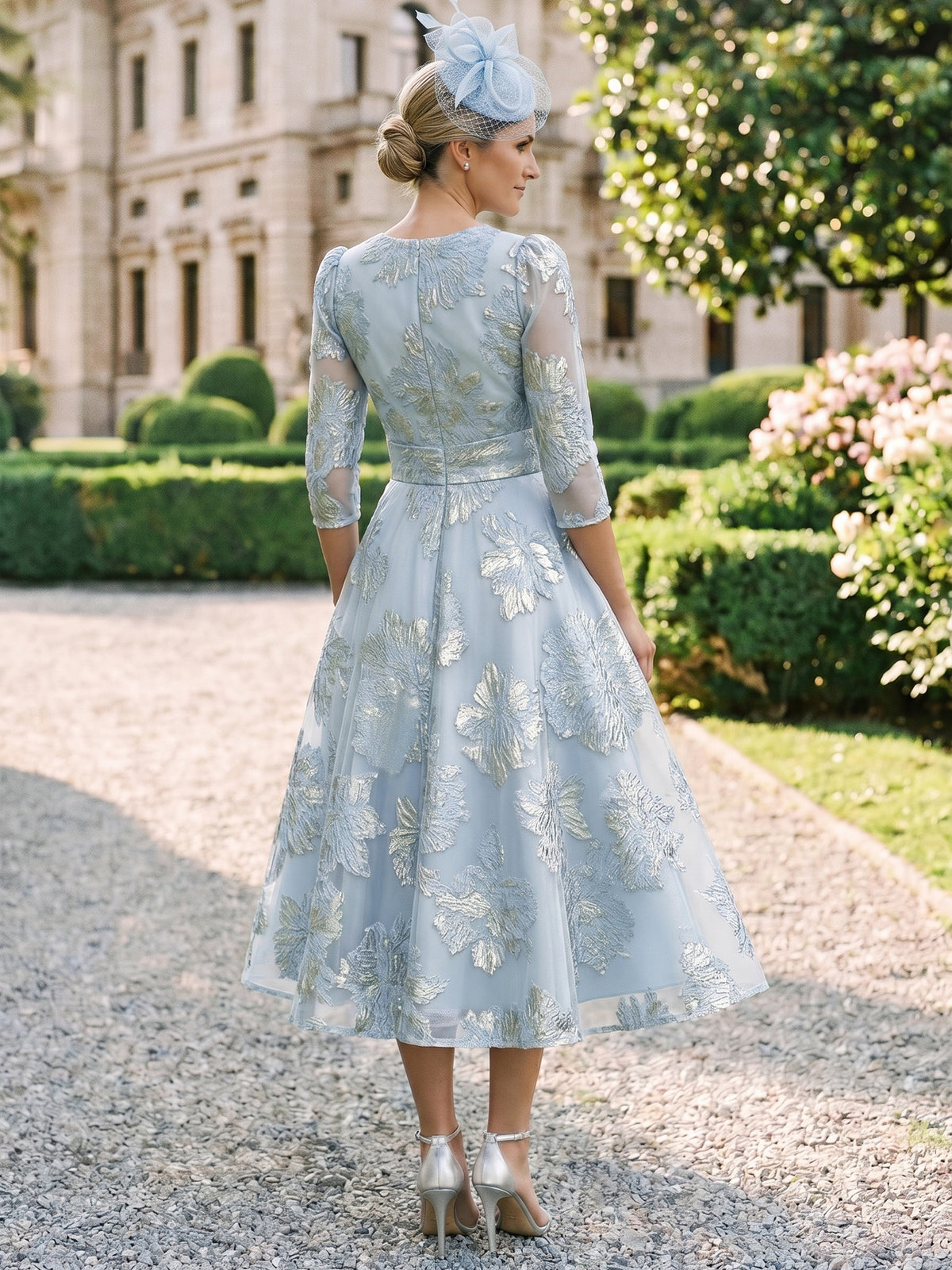 Nafori White A-Line/Princess Mother Of The Bride Dresses 3/4 Sleeves V Neck Tea Length Sky Blue With Floral Patch 2026