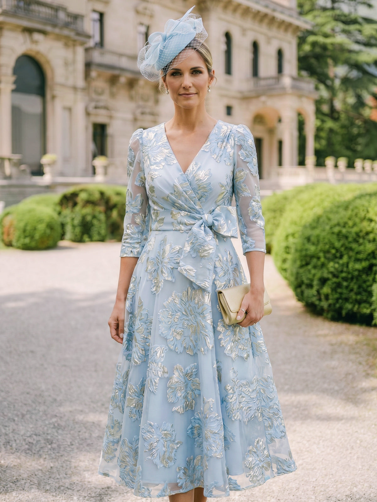Nafori White A-Line/Princess Mother Of The Bride Dresses 3/4 Sleeves V Neck Tea Length Sky Blue With Floral Patch 2026