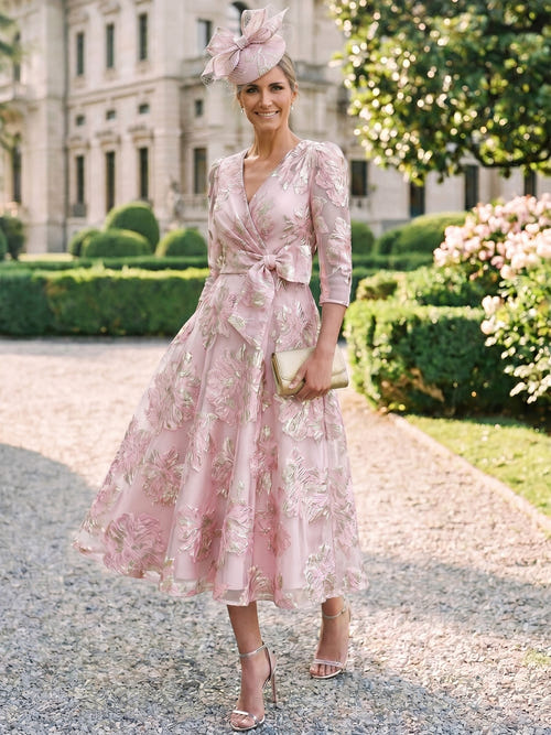 A-Line/Princess Mother Of The Bride Dresses 3/4 Sleeves V Neck Tea Length Sky Blue With Floral Patch