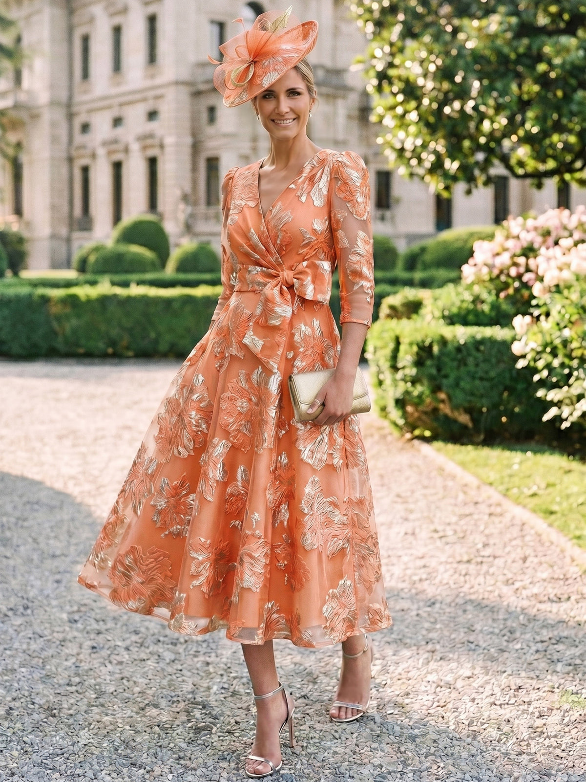 Nafori Orange A-Line/Princess Mother Of The Bride Dresses 3/4 Sleeves V Neck Tea Length Sky Blue With Floral Patch 2026