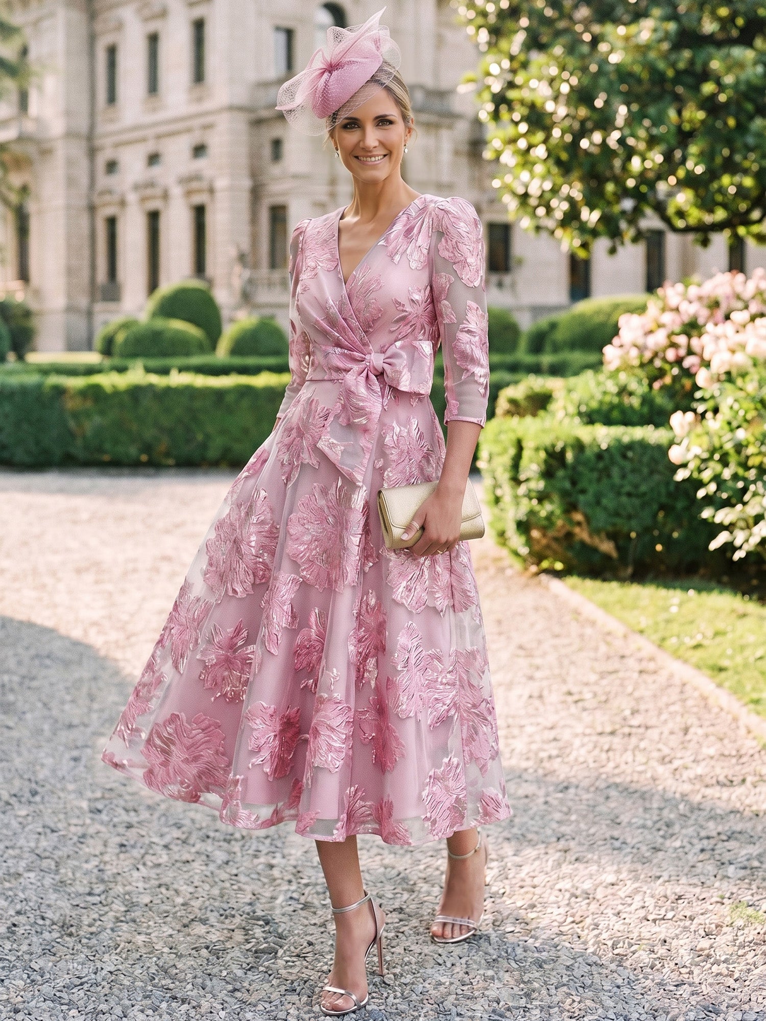 A-Line/Princess Mother Of The Bride Dresses 3/4 Sleeves V Neck Tea