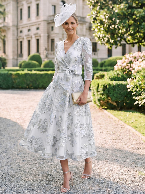 A-Line/Princess Mother Of The Bride Dresses 3/4 Sleeves V Neck Tea Length Sky Blue With Floral Patch