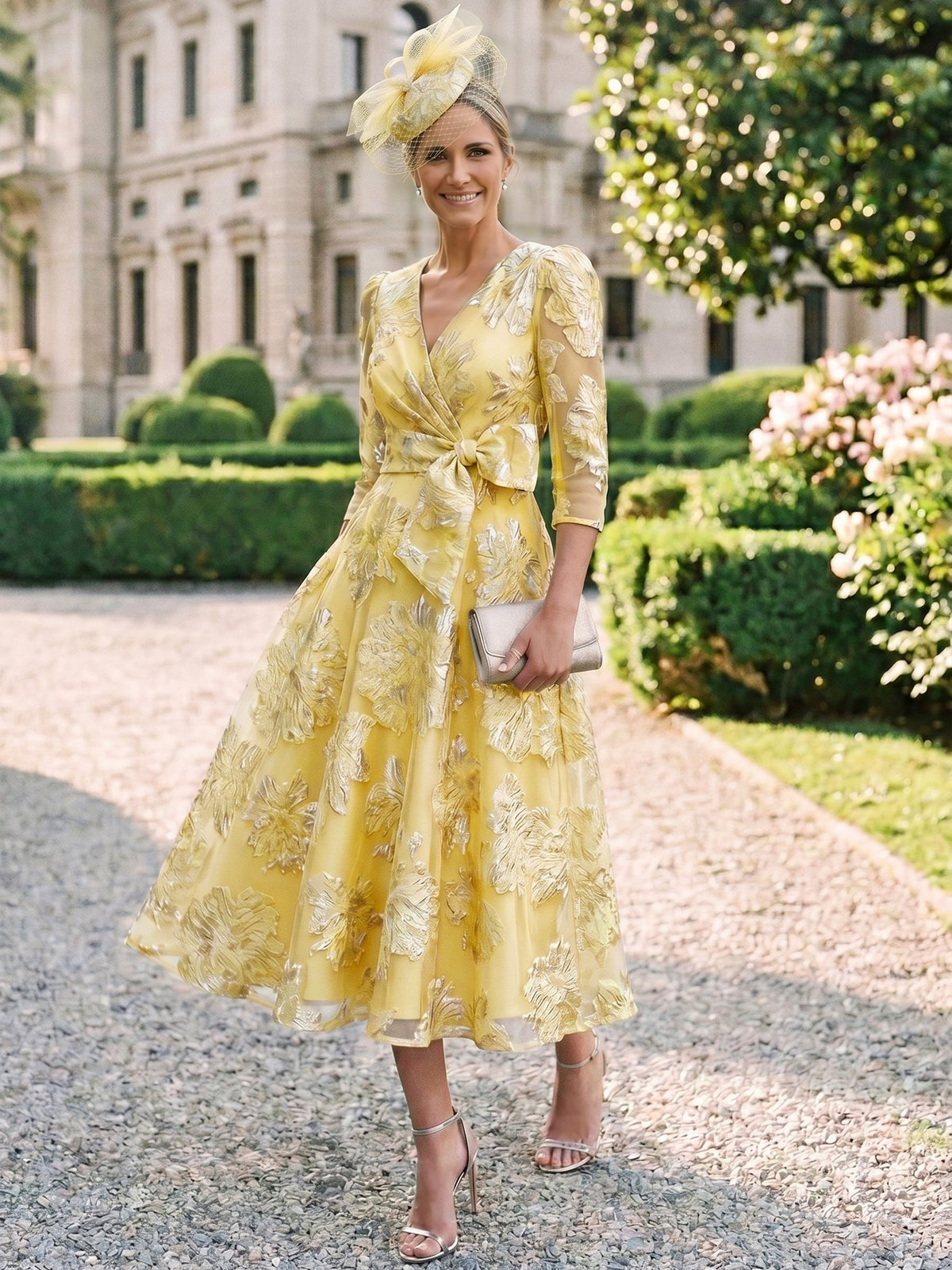 Nafori Yellow A-Line/Princess Mother Of The Bride Dresses 3/4 Sleeves V Neck Tea Length Sky Blue With Floral Patch 2026