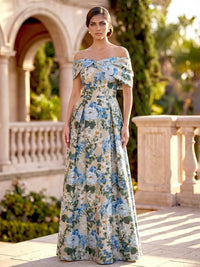 A-Line/Princess Evening Dresses Elegant Formal Dresses Printed Satin Off-The-Shoulder Short Sleeves Floor-Length Ruched Floral Dresses