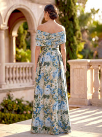 A-Line/Princess Evening Dresses Elegant Formal Dresses Printed Satin Off-The-Shoulder Short Sleeves Floor-Length Ruched Floral Dresses