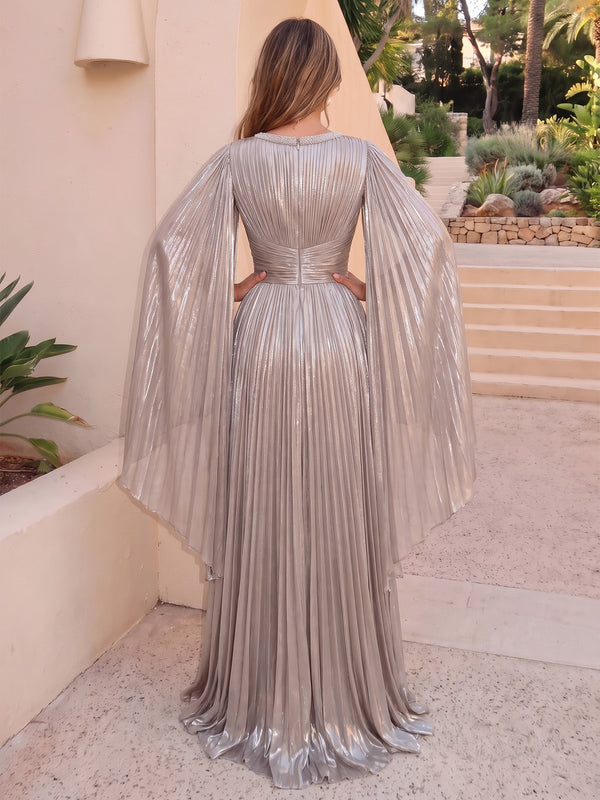A-Line Evening Gown Luxury Metallic Chiffon Boat Neck Long Sleeves Floor Length Pleated Beaded Zipper Formal Dress