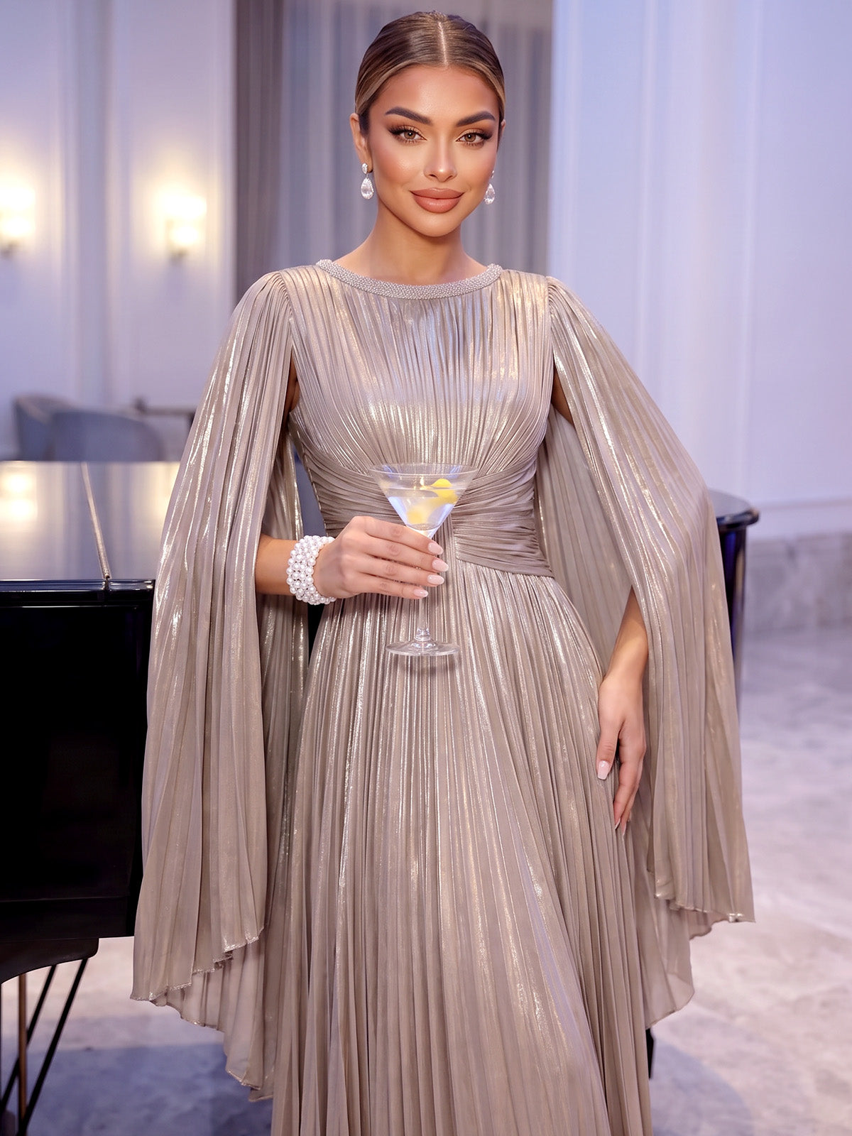 A-Line Evening Gown Luxury Metallic Chiffon Boat Neck Long Sleeves Floor Length Pleated Beaded Zipper Formal Dress