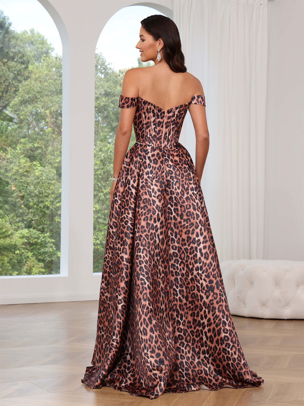 A-Line/Princess Leopard Prom Dress Off-Shoulder Sweetheart Floor-Length Formal Dresses with High Split