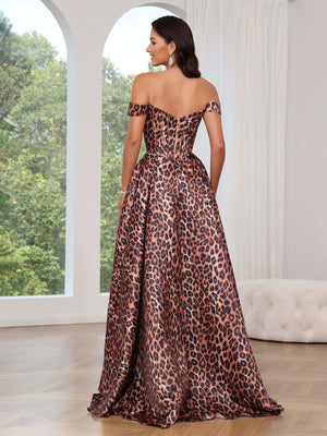 A-Line/Princess Leopard Prom Dress Off-Shoulder Sweetheart Floor-Length Formal Dresses with High Split