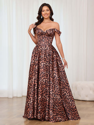 A-Line/Princess Leopard Prom Dress Off-Shoulder Sweetheart Floor-Length Formal Dresses with High Split