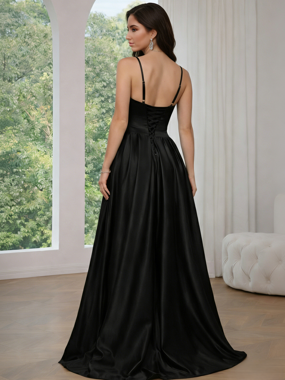 A-Line Formal Prom Dresses Satin Floor Length Spaghetti Sleeveless V-Neck Black Simple Prom Dress with Side Pocket&Slit
