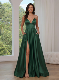 A-Line Formal Prom Dresses Satin Floor Length Spaghetti Sleeveless V-Neck Black Simple Prom Dress with Side Pocket&Slit