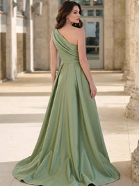 A-Line Evening Gown Sequins Satin One Shoulder Floor-Length Formal Dress With Bow Overskirt