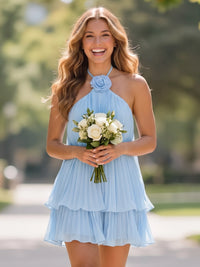 A-Line/Princess Homecoming Dresses Chiffon Halter With 3D Flower Sleeveless Short Layered Ruffles Bowknot