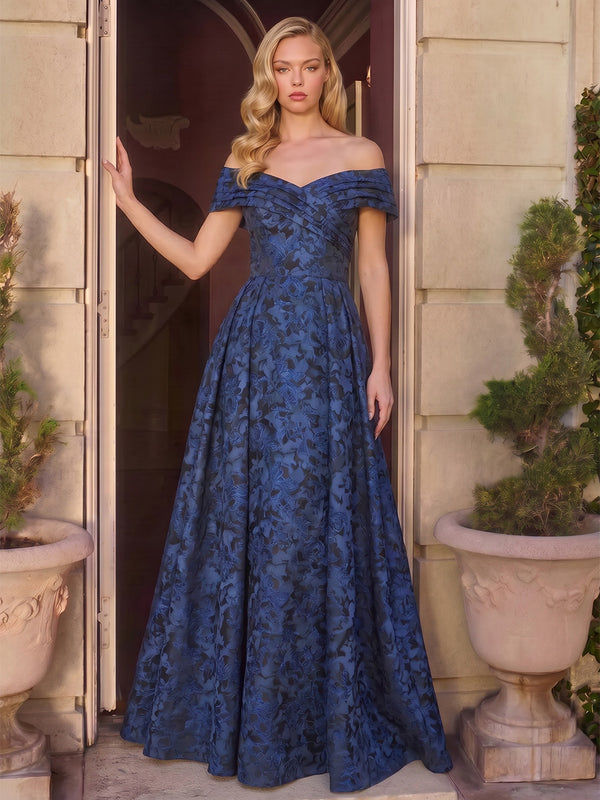 A-Line/Princess Evening Dresses Elegant Formal Dresses Jacquard Off-The-Shoulder Short Sleeves Floor-Length Ruched Zipper Floral Dresses