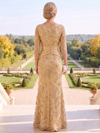 Mermaid Mother Of The Bride Dresses Elegant Formal Sequins Embroidery Floor-Length Boat Neck 3/4 Sleeves Zipper Evening Dress Wedding Guest