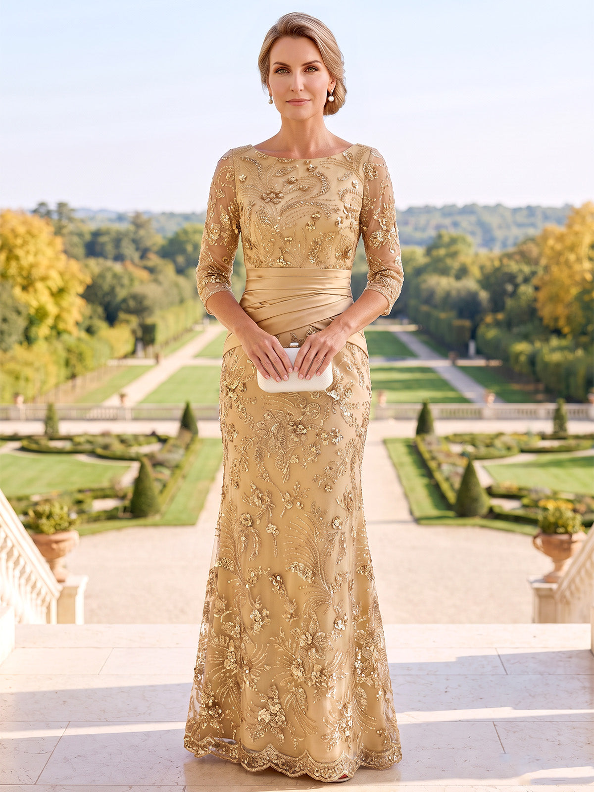 Mermaid Mother Of The Bride Dresses Elegant Formal Sequins Embroidery Floor-Length Boat Neck 3/4 Sleeves Zipper Evening Dress Wedding Guest