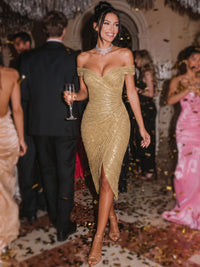 Sheath Party Formal Evening Dresses Sequins Gold Off The Shoulder Runched Tea Length Sleeveless Sparkly Party Dress