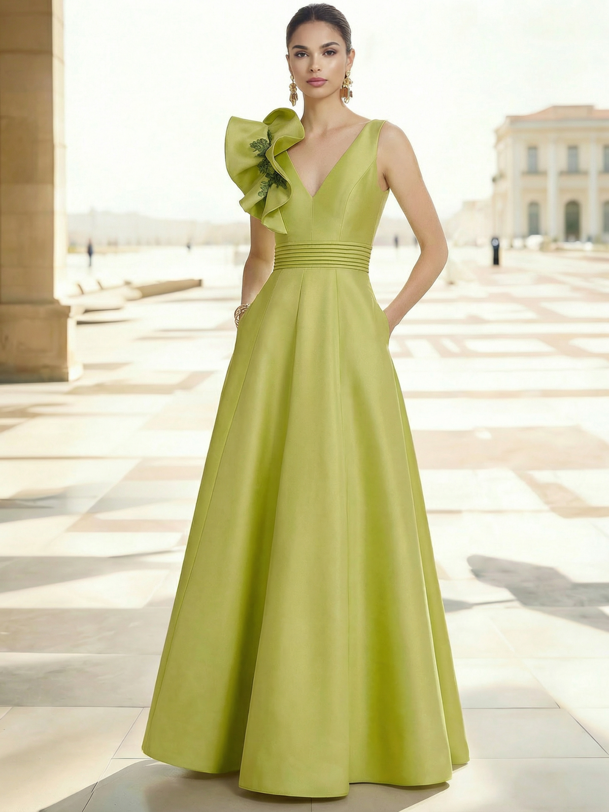 A-Line/Princess Elegant Evening Dresses Satin One Shoulder Floor-Length Formal Dress With Shoulder Oversized Ruffled Edges