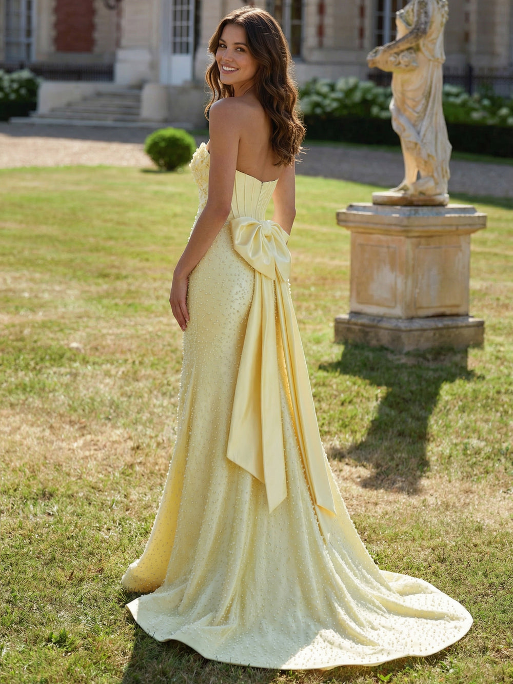 Trumpet/Mermaid Prom Dress Basque Waist Sweetheart Strapless Beading Split Rhinestone Process Corset Prom Dresses With A Back Bow