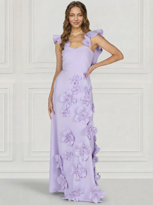A Line/Princesses Evening Dress Floral Sleevelss Corset Floor-Length Lilac Dress