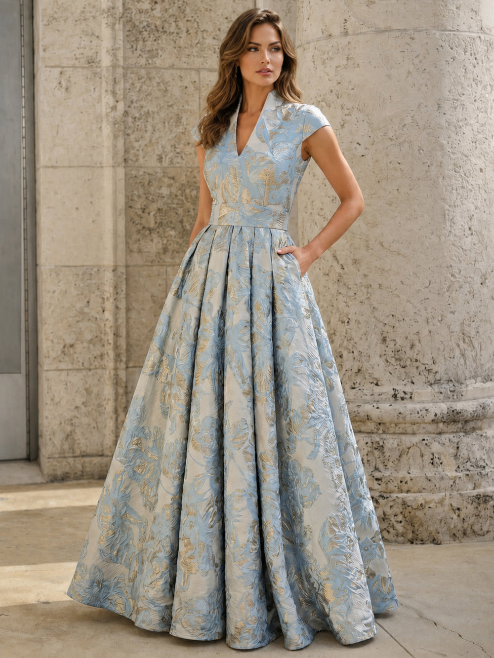 A-Line Evening Gown Elegant Floral Dress Cape Sleeve Jacquard Satin Ruched Mother of the Bride Dresses