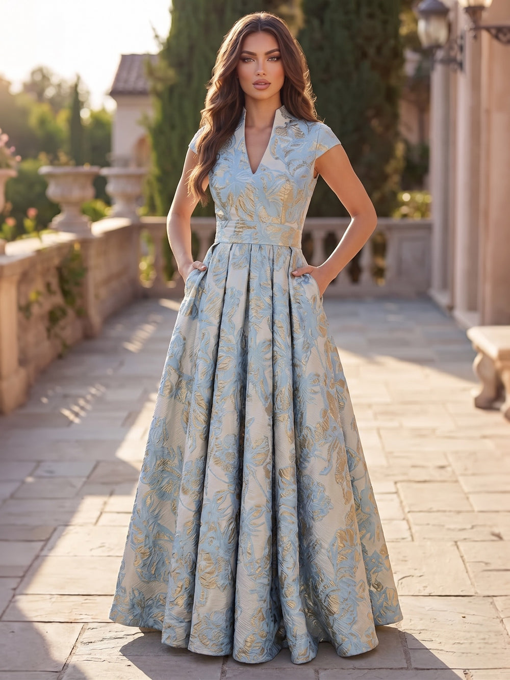 A-Line Evening Gown Elegant Floral Dress Cape Sleeve Jacquard Satin Ruched Mother of the Bride Dresses