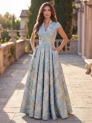 A-Line Evening Gown Elegant Floral Dress Cape Sleeve Jacquard Satin Ruched Mother of the Bride Dresses