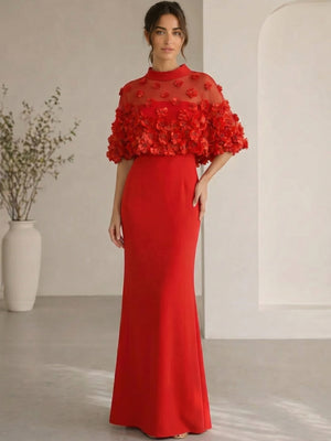 Mermaid/Trumpet Evening Dresses Elegant Floor-Length High Neck With Floral Applique Cape Short Sleeve