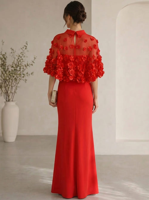 Mermaid/Trumpet Evening Dresses Elegant Floor-Length High Neck With Floral Applique Cape Short Sleeve