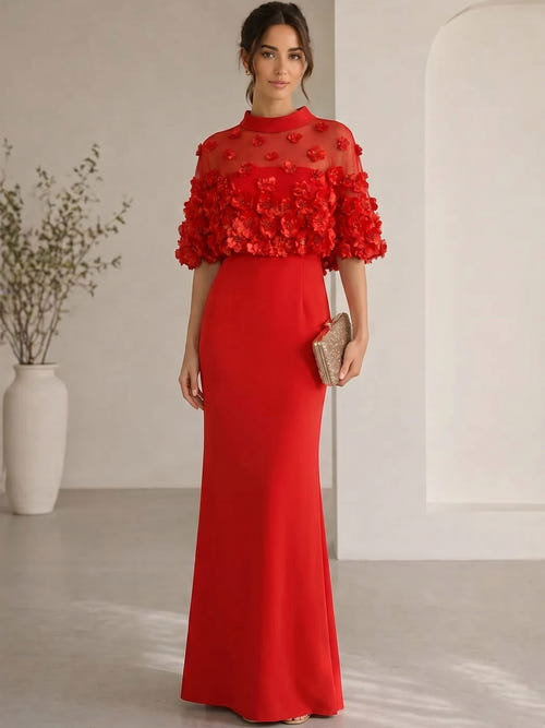Mermaid/Trumpet Evening Dresses Elegant Floor-Length High Neck With Floral Applique Cape Short Sleeve