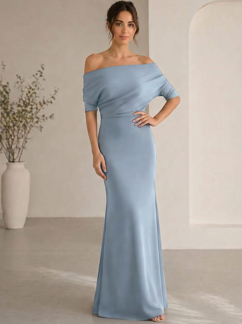 Mermaid/Trumpet Mother Of The Bride Dresses Stretch Satin Floor-length Off-the-Shoulder Half Sleeves Burgundy Ruched Formal Evening