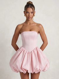 Short Ballgown Homecoming Dresses Satin Strapless Sleeveless Mini Bubble Dress Boning Lace-Up With Bow