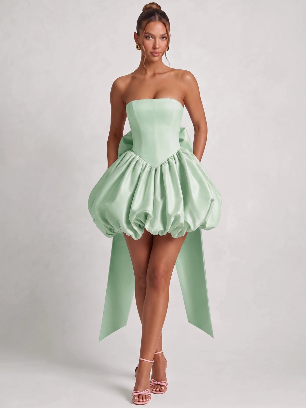 Short Ballgown Homecoming Dresses Satin Strapless Sleeveless Mini Bubble Dress Boning Lace-Up With Bow