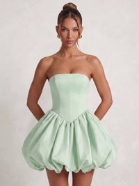 Short Ballgown Homecoming Dresses Satin Strapless Sleeveless Mini Bubble Dress Boning Lace-Up With Bow