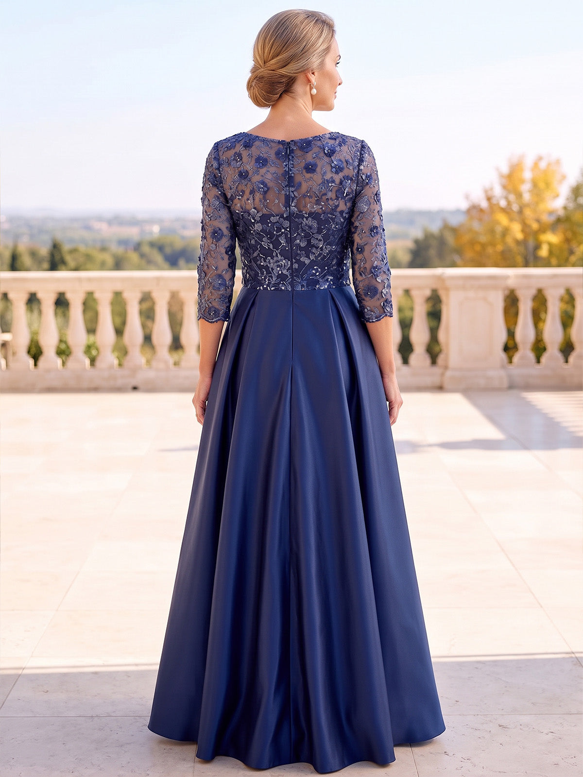 A-Line Mother Of The Bride Dresses Crew Neck Satin Floral Sequins 3/4 Sleeves Illusion Bodice With Pockets Zipper Formal Dress Wedding Guest