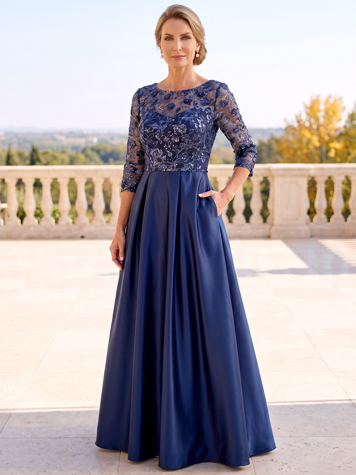 A-Line Mother Of The Bride Dresses Crew Neck Satin Floral Sequins 3/4 Sleeves Illusion Bodice With Pockets Zipper Formal Dress Wedding Guest