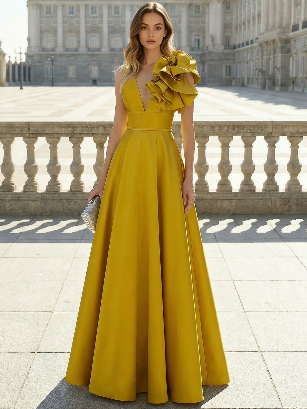 A-Line/Princess Elegant Evening Dresses Satin V-Neck Floor-Length Formal Evening Grown With Shoulder Oversized Ruffled Edges