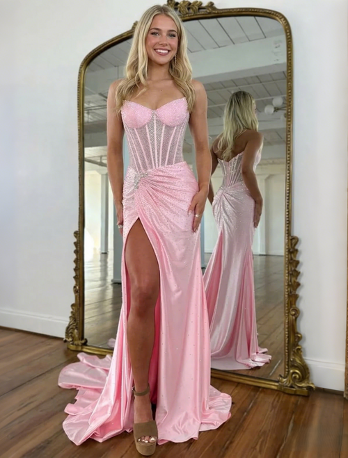 Trumpet/Mermaid Prom Dress Basque Waist Sweetheart Strapless Hot-Fix Rhinestone Corset Prom Dresses With Beading Split