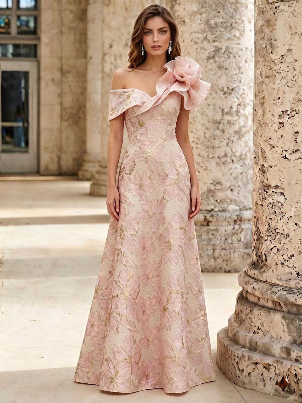 A-Line Evening Gown Elegant Jacquard Floral Dress Floor Length With Shoulder Flower Short Sleeves One Shouldr Pocket Pink Mother Of The Bride Dresses