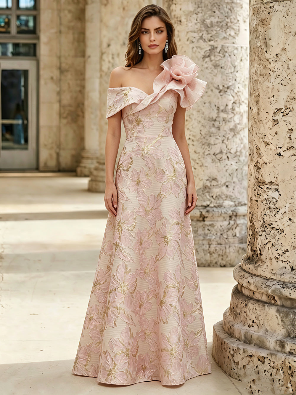 A-Line Evening Gown Elegant Jacquard Floral Dress Floor Length With Shoulder Flower Short Sleeves One Shouldr Pocket Pink Mother Of The Bride Dresses