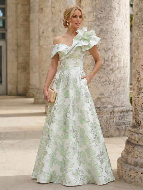 A字形晚礼服 优雅提花碎花连衣裙 拖地款 带肩花 短袖 单肩口袋 粉色丈母娘礼服