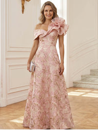 A-Line Evening Gown Elegant Jacquard Floral Dress Floor Length With Shoulder Flower Short Sleeves One Shouldr Pocket Pink Mother Of The Bride Dresses