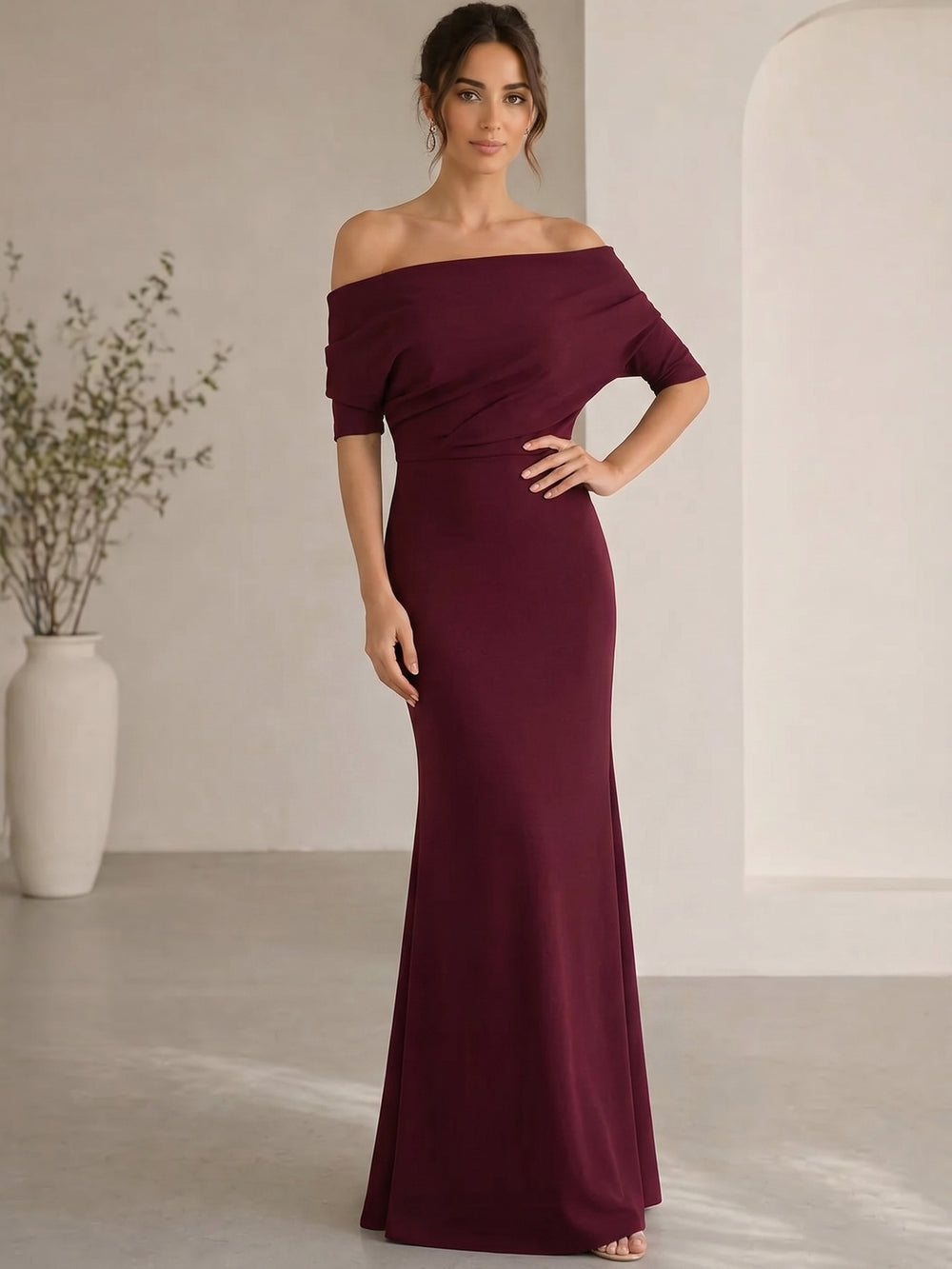 Mermaid/Trumpet Evening Dresses Stretch Satin Floor-length Off-the-Shoulder Half Sleeves Burgundy With Draped detailing