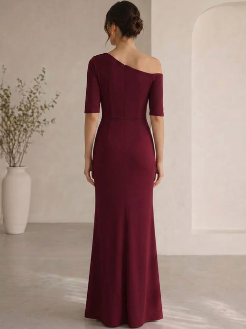 Mermaid/Trumpet Mother Of The Bride Dresses Stretch Satin Floor-length Off-the-Shoulder Half Sleeves Burgundy Ruched Formal Evening